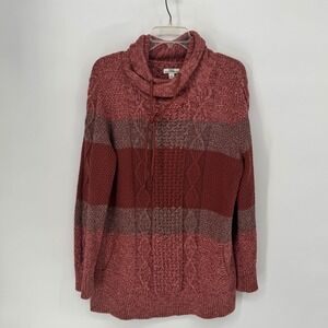 LL Bean Signature Striped Cable Knit Cowl Neck Sweater XL Pockets Warm Coastal